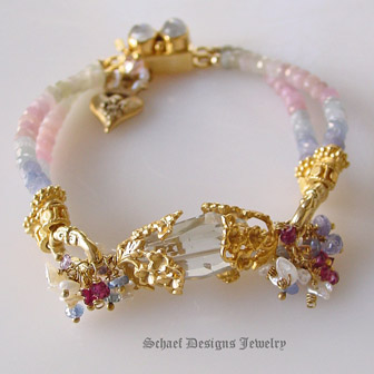 Miriam Haskell inspired Prasiolite, Tanzanite, Sapphire, Rhodolite Garnets and 22kt gold vermeil with Moonstone Clasp & heart with fleur de lis charm | Schaef Designs artisan handcrafted gemstone jewelry | online upscale jewelry boutique | San Diego, CA